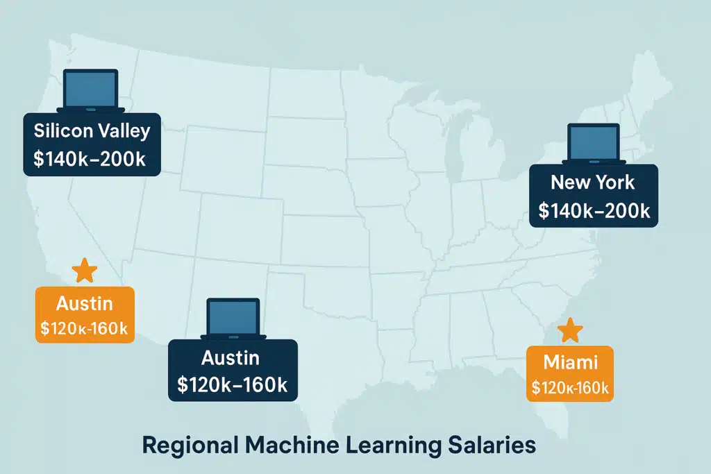 US map regional ML salaries